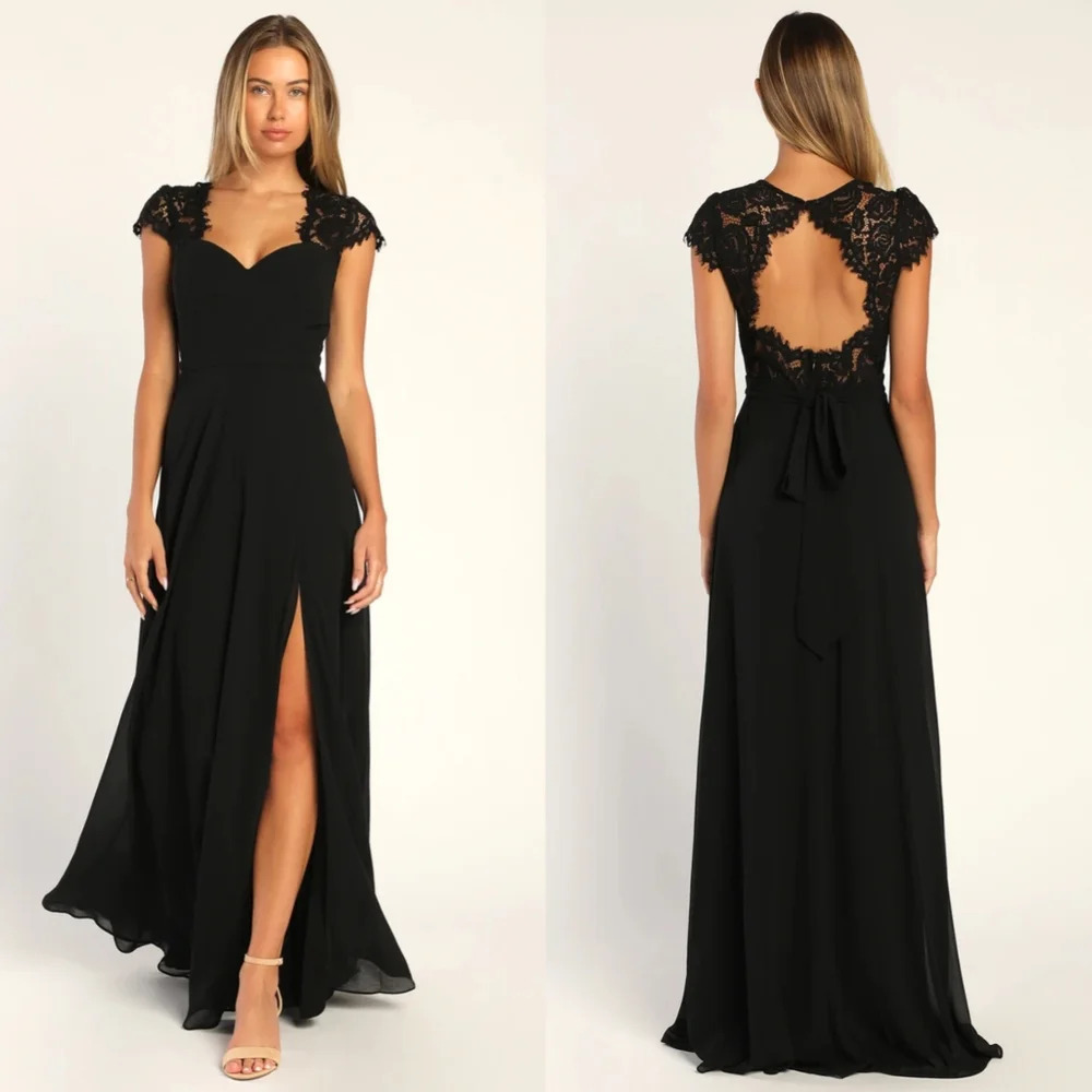 Lulus Momentous Moments Black Lace Backless Maxi Dress Wedding Party Guest